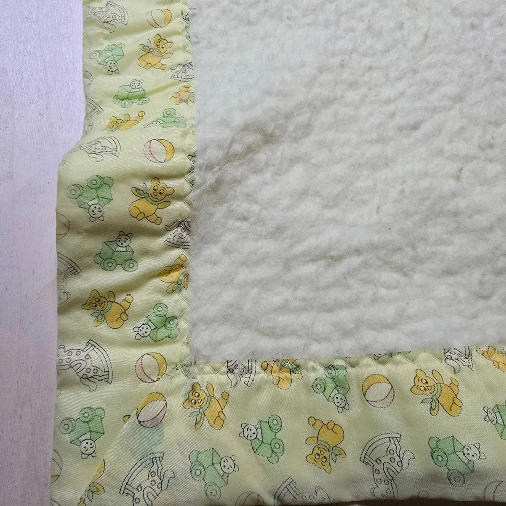 Vintage Nursery Teddy Bear Rocking Horse Baby Blanket Sherpa Satin Trim